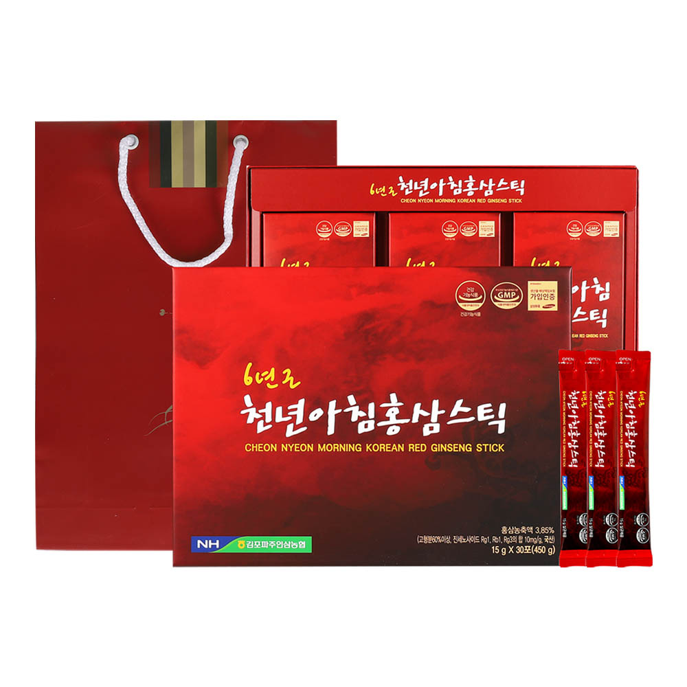 김포파주인삼농협 6년근 천년아침홍삼스틱 15g x 30포 +선물용 쇼핑백 포함